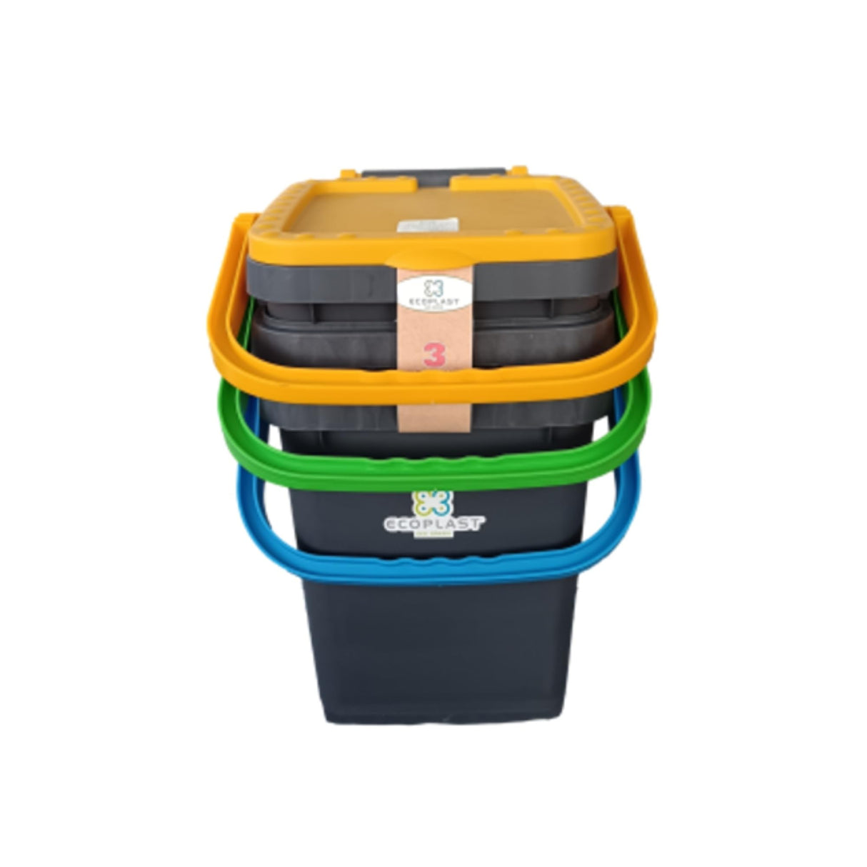 Ecoplast | Tris di Pattumiere per Raccolta Differenziata 20 Lt, Colori Assortiti Giallo/Verde/Blu, 34,5x34,5x34,5, Made in Italy