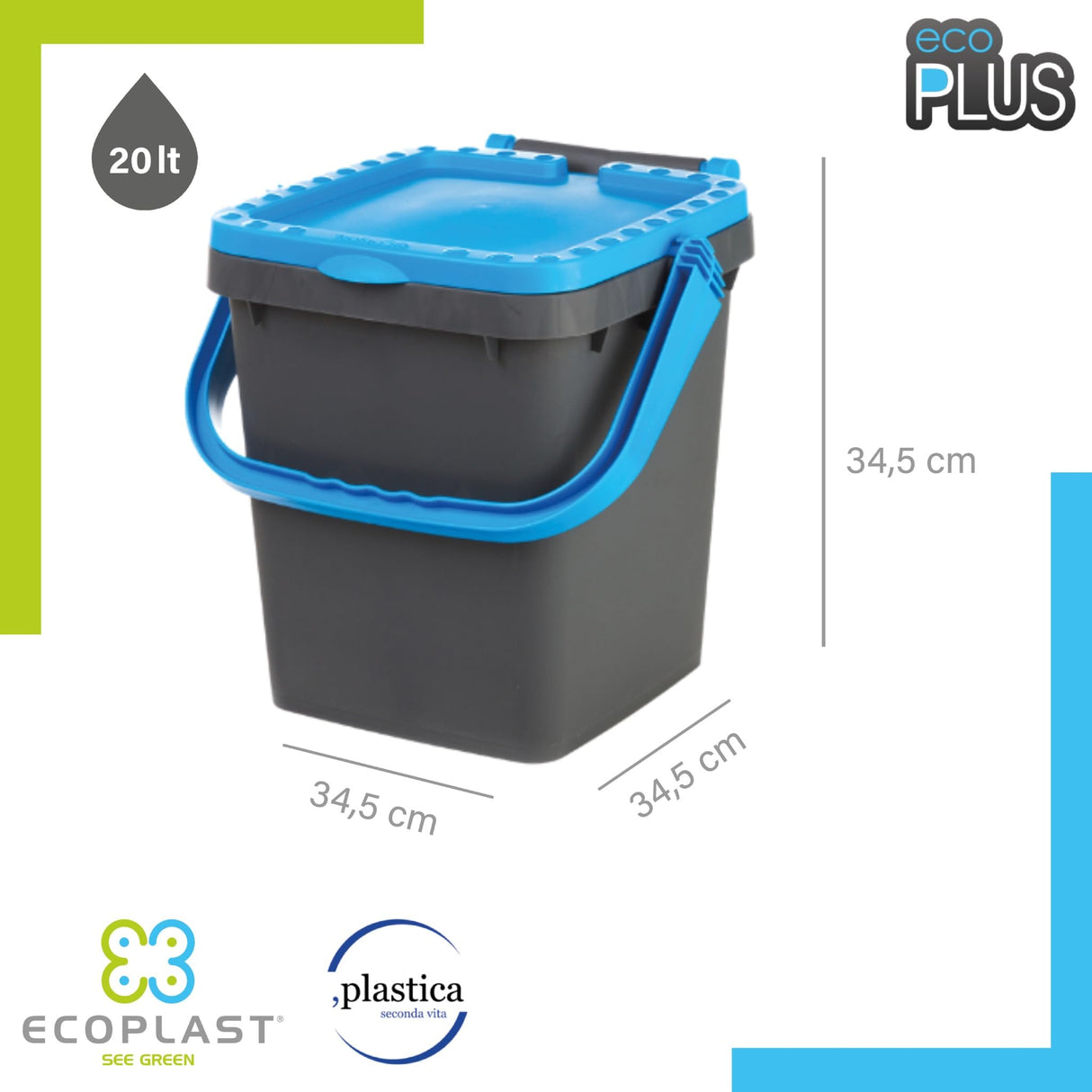 Ecoplast | Tris di Pattumiere per Raccolta Differenziata 20 Lt, Colori Assortiti Giallo/Verde/Blu, 34,5x34,5x34,5, Made in Italy