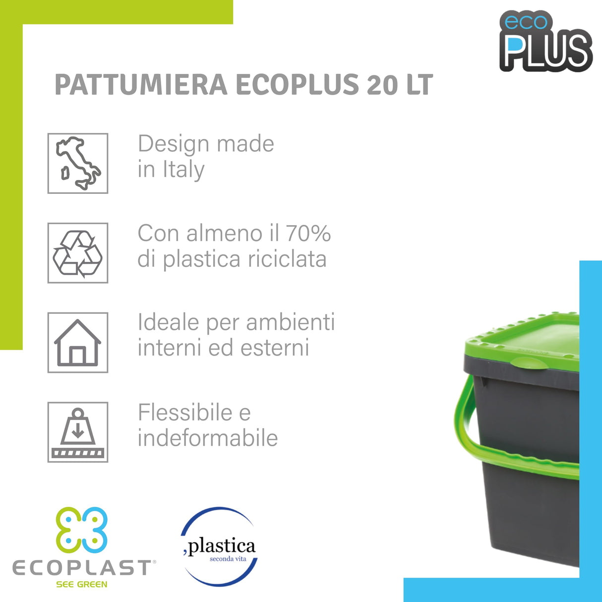 Ecoplast | Tris di Pattumiere per Raccolta Differenziata 20 Lt, Colori Assortiti Giallo/Verde/Blu, 34,5x34,5x34,5, Made in Italy