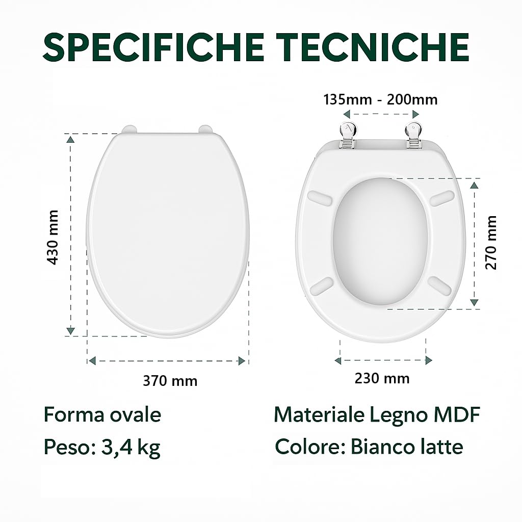 HM - Sedile WC Universale in Legno MDF Ultraresistente, 3.4kg - Tavoletta WC Bianca per Bagno - Coperchio e Sedile WC Robustissimo Universale forma ovale - IDRAULICAMENTEHM - Sedile WC Universale in Legno MDF Ultraresistente, 3.4kg - Tavoletta WC Bianca per Bagno - Coperchio e Sedile WC Robustissimo Universale forma ovale