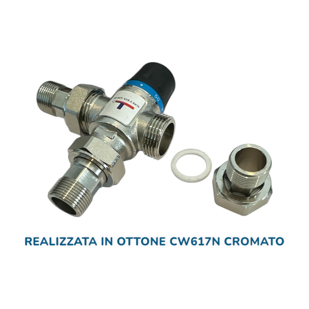 HM | Valvola miscelatrice termostatica solare 1" ottone cromato, 3 prolunghe 3/4" maschio | Regolazione 35 - 60°C, per acqua calda e fredda | Installazione semplice, per scaldabagni e impianti solari - IDRAULICAMENTEHM | Valvola miscelatrice termostatica solare 1" ottone cromato, 3 prolunghe 3/4" maschio | Regolazione 35 - 60°C, per acqua calda e fredda | Installazione semplice, per scaldabagni e impianti solari