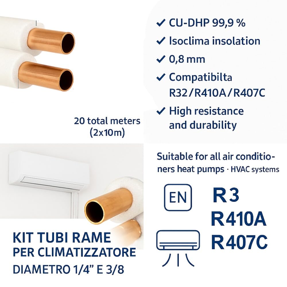 Kit Tubi Rame Climatizzatore Isoclima Ø1/4”+3/8” CU - DHP 99,9% con Guaina Ignifuga | Disponibile 10MT/5MT/3MT Con o Senza Raccordi | Compatibile Gas R32 R410A R407C - IDRAULICAMENTEKit Tubi Rame Climatizzatore Isoclima Ø1/4”+3/8” CU - DHP 99,9% con Guaina Ignifuga | Disponibile 10MT/5MT/3MT Con o Senza Raccordi | Compatibile Gas R32 R410A R407C