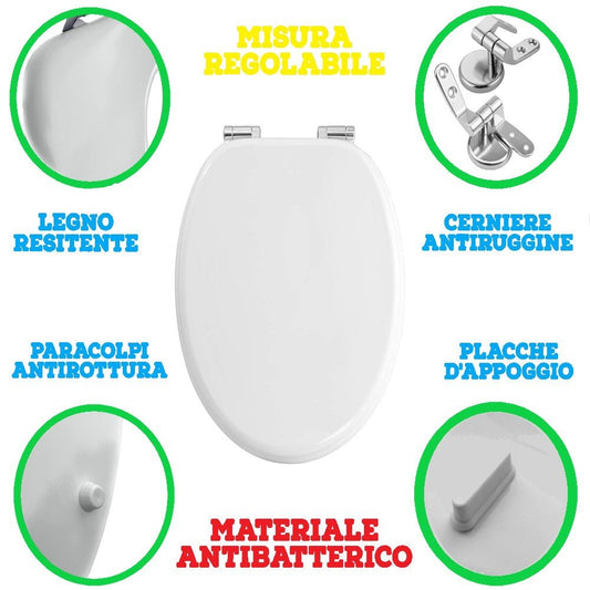 Sedile WC Universale Regolabile in MDF Antibatterico – Facile Montaggio - IDRAULICAMENTESedile WC Universale Regolabile in MDF Antibatterico – Facile Montaggio