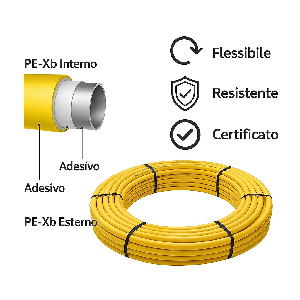 Tubo Multistrato Gas Nudo Ø16x2 mm – Rotolo 25 mt – PE - Xb/AL/PE - Xb – Certificato UNI/TS 11344 per Impianti Interni Gas Metano e GPL – ISOCLIMA - IDRAULICAMENTETubo Multistrato Gas Nudo Ø16x2 mm – Rotolo 25 mt – PE - Xb/AL/PE - Xb – Certificato UNI/TS 11344 per Impianti Interni Gas Metano e GPL – ISOCLIMA
