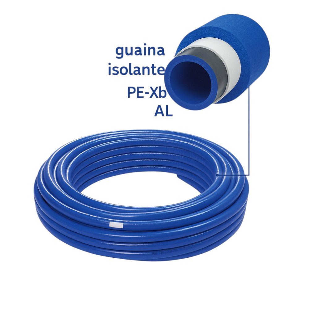Tubo Multistrato PEXb/AL/PEXb Rivestito Blu/Rosso 16×2 mm – Rotolo 25 m(0.90€m) - IDRAULICAMENTETubo Multistrato PEXb/AL/PEXb Rivestito Blu/Rosso 16×2 mm – Rotolo 25 m(0.90€m)