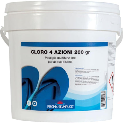 PISCINA SEMPLICE, Cloro 4 Azioni 200g, Trattamento Multi Azione Senza Rame Per Acque Della Piscina, Azione Clorante, Antialghe, Stabilizzante del PH, Flocculante, Formato da 5 Kg