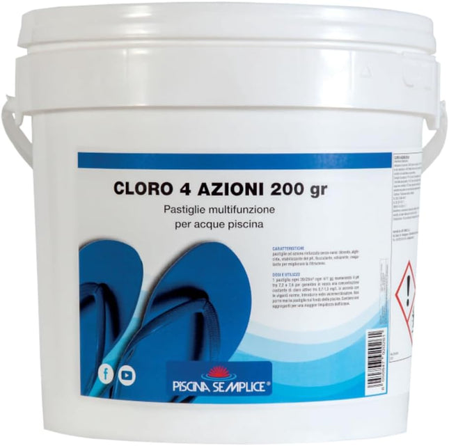 PISCINA SEMPLICE, Cloro 4 Azioni 200g, Trattamento Multi Azione Senza Rame Per Acque Della Piscina, Azione Clorante, Antialghe, Stabilizzante del PH, Flocculante, Formato da 5 Kg