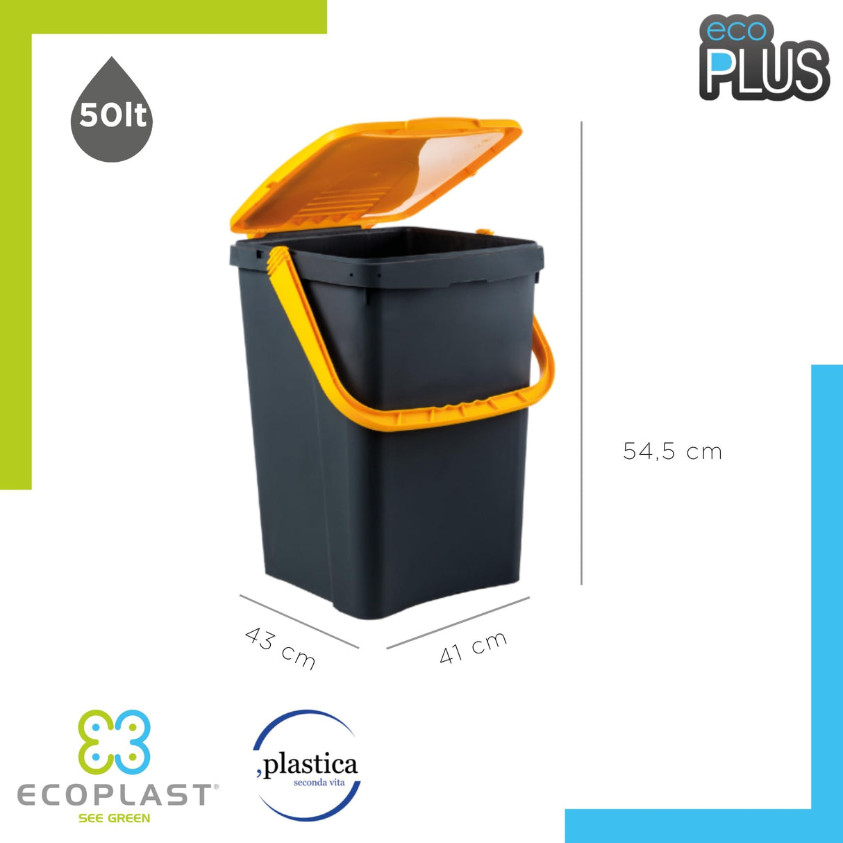 Ecoplast, Pattumiera per Raccolta Differenziata, Apertura a Libro, Flessibile e Indeformabile, Resiste a Tutte le Temperature, Ideale per Interno ed Esterno, Capacità 50 L, Made in Italy
