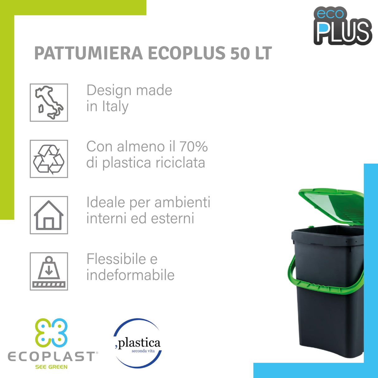 Ecoplast, Pattumiera per Raccolta Differenziata, Apertura a Libro, Flessibile e Indeformabile, Resiste a Tutte le Temperature, Ideale per Interno ed Esterno, Capacità 50 L, Made in Italy