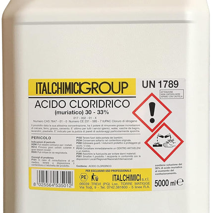 ACIDO CLORIDRICO MURIATICO"PURO" AL 33% 5 LT - PZ 1 - IDRAULICAMENTEACIDO CLORIDRICO MURIATICO"PURO" AL 33% 5 LT - PZ 1