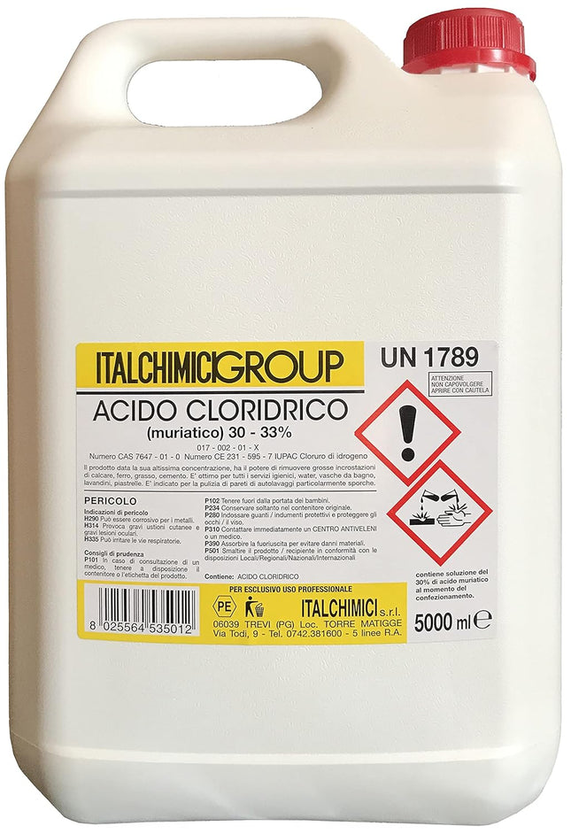 ACIDO CLORIDRICO MURIATICO"PURO" AL 33% 5 LT - PZ 1 - IDRAULICAMENTEACIDO CLORIDRICO MURIATICO"PURO" AL 33% 5 LT - PZ 1