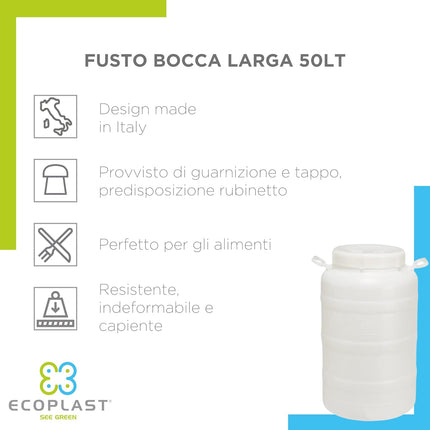 Ecoplast | Fusto in Plastica a Bocca Larga con Guarnizione e Tappo, Rubinetto non Incluso, Capienza 50 Lt, Colore Neutro, ø355x625 - IDRAULICAMENTEEcoplast | Fusto in Plastica a Bocca Larga con Guarnizione e Tappo, Rubinetto non Incluso, Capienza 50 Lt, Colore Neutro, ø355x625