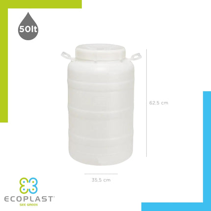 Ecoplast | Fusto in Plastica a Bocca Larga con Guarnizione e Tappo, Rubinetto non Incluso, Capienza 50 Lt, Colore Neutro, ø355x625 - IDRAULICAMENTEEcoplast | Fusto in Plastica a Bocca Larga con Guarnizione e Tappo, Rubinetto non Incluso, Capienza 50 Lt, Colore Neutro, ø355x625