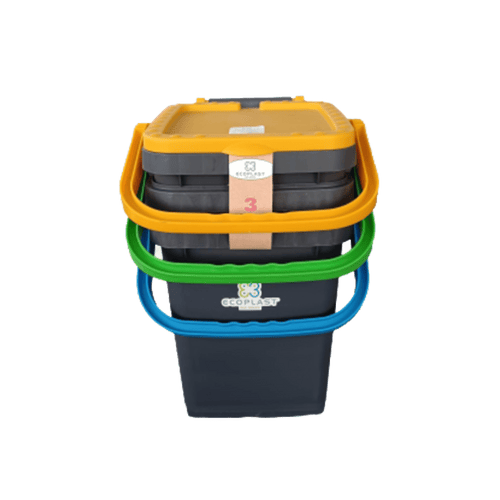 Ecoplast | Tris di Pattumiere per Raccolta Differenziata 20 Lt, Colori Assortiti Giallo/Verde/Blu, 34,5x34,5x34,5, Made in Italy