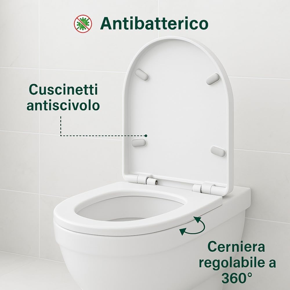 HM | Sedile WC Universale Forma D, 44.5x36CM, Bianco Latte, Polipropilene | Soft Close, Sgancio Rapido, Facile Installazione | Copriwater Bagno - IDRAULICAMENTEHM | Sedile WC Universale Forma D, 44.5x36CM, Bianco Latte, Polipropilene | Soft Close, Sgancio Rapido, Facile Installazione | Copriwater Bagno