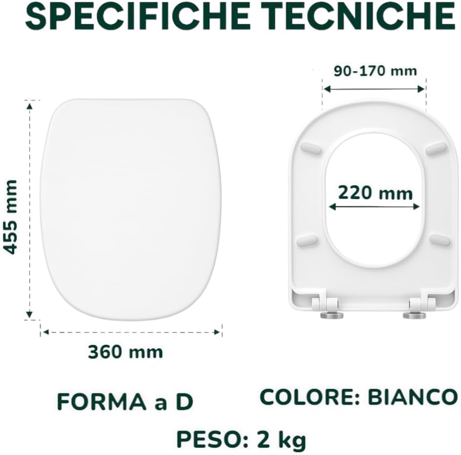 HM | Sedile WC Universale Forma D, 44.5x36CM, Bianco Latte, Polipropilene | Soft Close, Sgancio Rapido, Facile Installazione | Copriwater Bagno - IDRAULICAMENTEHM | Sedile WC Universale Forma D, 44.5x36CM, Bianco Latte, Polipropilene | Soft Close, Sgancio Rapido, Facile Installazione | Copriwater Bagno