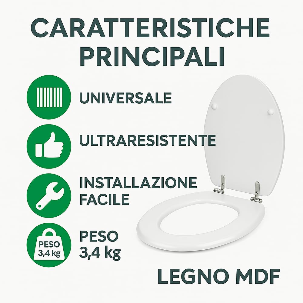 HM - Sedile WC Universale in Legno MDF Ultraresistente, 3.4kg - Tavoletta WC Bianca per Bagno - Coperchio e Sedile WC Robustissimo Universale forma ovale - IDRAULICAMENTEHM - Sedile WC Universale in Legno MDF Ultraresistente, 3.4kg - Tavoletta WC Bianca per Bagno - Coperchio e Sedile WC Robustissimo Universale forma ovale