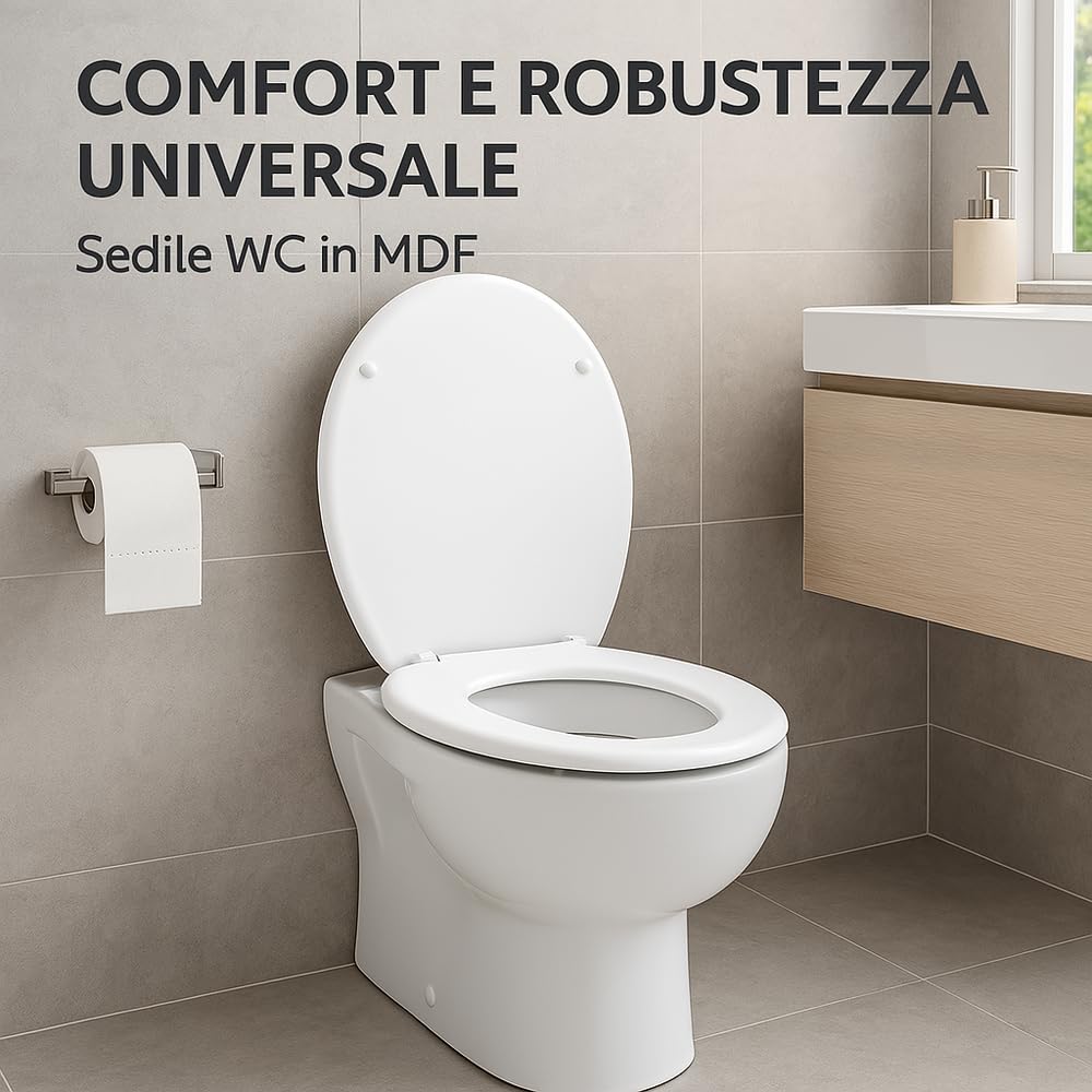 HM - Sedile WC Universale in Legno MDF Ultraresistente, 3.4kg - Tavoletta WC Bianca per Bagno - Coperchio e Sedile WC Robustissimo Universale forma ovale - IDRAULICAMENTEHM - Sedile WC Universale in Legno MDF Ultraresistente, 3.4kg - Tavoletta WC Bianca per Bagno - Coperchio e Sedile WC Robustissimo Universale forma ovale