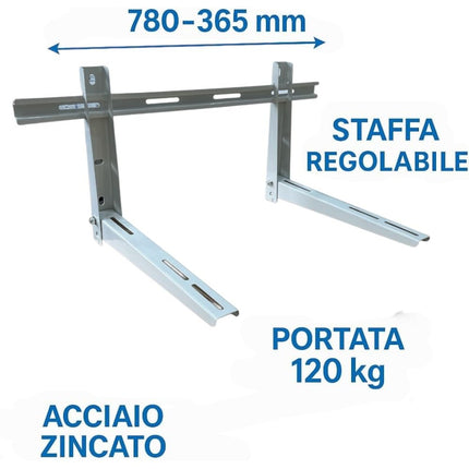 HM, Staffa Regolabile per Condizionatore Esterno 780x365x450mm – Portata 120kg, Acciaio Zincato 1,5 mm – Certificata TÜV – Inclusi Viti e Tasselli – Compatibile 9000 - 12000 BTU – Montaggio a Parete - IDRAULICAMENTEHM, Staffa Regolabile per Condizionatore Esterno 780x365x450mm – Portata 120kg, Acciaio Zincato 1,5 mm – Certificata TÜV – Inclusi Viti e Tasselli – Compatibile 9000 - 12000 BTU – Montaggio a Parete