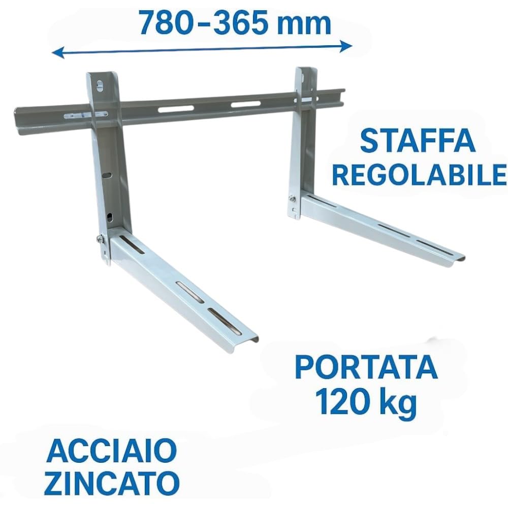 HM, Staffa Regolabile per Condizionatore Esterno 780x365x450mm – Portata 120kg, Acciaio Zincato 1,5 mm – Certificata TÜV – Inclusi Viti e Tasselli – Compatibile 9000 - 12000 BTU – Montaggio a Parete - IDRAULICAMENTEHM, Staffa Regolabile per Condizionatore Esterno 780x365x450mm – Portata 120kg, Acciaio Zincato 1,5 mm – Certificata TÜV – Inclusi Viti e Tasselli – Compatibile 9000 - 12000 BTU – Montaggio a Parete