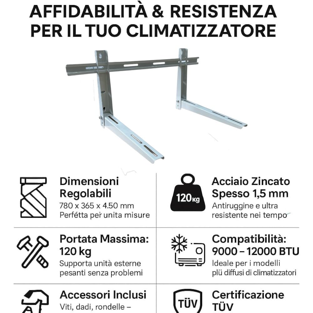 HM, Staffa Regolabile per Condizionatore Esterno 780x365x450mm – Portata 120kg, Acciaio Zincato 1,5 mm – Certificata TÜV – Inclusi Viti e Tasselli – Compatibile 9000 - 12000 BTU – Montaggio a Parete - IDRAULICAMENTEHM, Staffa Regolabile per Condizionatore Esterno 780x365x450mm – Portata 120kg, Acciaio Zincato 1,5 mm – Certificata TÜV – Inclusi Viti e Tasselli – Compatibile 9000 - 12000 BTU – Montaggio a Parete