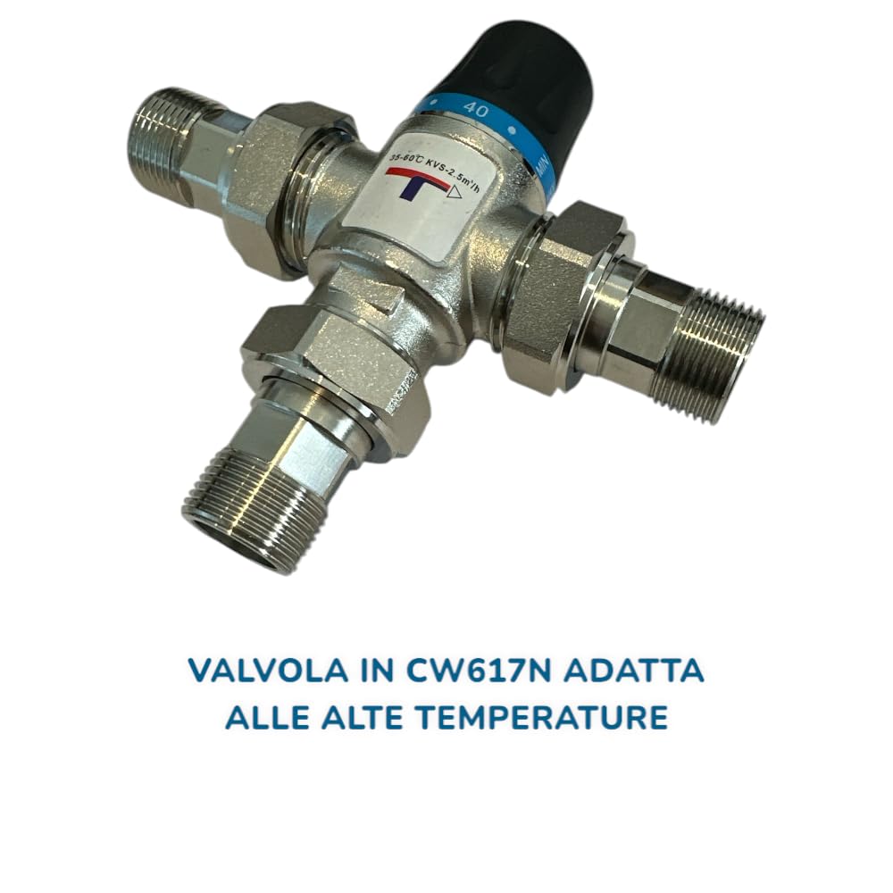 HM | Valvola miscelatrice termostatica solare 1" ottone cromato, 3 prolunghe 3/4" maschio | Regolazione 35 - 60°C, per acqua calda e fredda | Installazione semplice, per scaldabagni e impianti solari - IDRAULICAMENTEHM | Valvola miscelatrice termostatica solare 1" ottone cromato, 3 prolunghe 3/4" maschio | Regolazione 35 - 60°C, per acqua calda e fredda | Installazione semplice, per scaldabagni e impianti solari