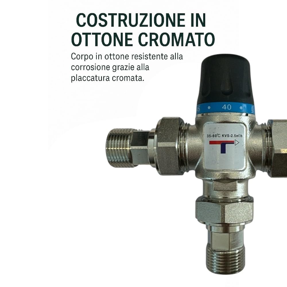 HM | Valvola miscelatrice termostatica solare 1" ottone cromato, 3 prolunghe 3/4" maschio | Regolazione 35 - 60°C, per acqua calda e fredda | Installazione semplice, per scaldabagni e impianti solari - IDRAULICAMENTEHM | Valvola miscelatrice termostatica solare 1" ottone cromato, 3 prolunghe 3/4" maschio | Regolazione 35 - 60°C, per acqua calda e fredda | Installazione semplice, per scaldabagni e impianti solari