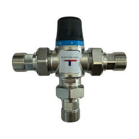 HM | Valvola miscelatrice termostatica solare 1" ottone cromato, 3 prolunghe 3/4" maschio | Regolazione 35 - 60°C, per acqua calda e fredda | Installazione semplice, per scaldabagni e impianti solari - IDRAULICAMENTEHM | Valvola miscelatrice termostatica solare 1" ottone cromato, 3 prolunghe 3/4" maschio | Regolazione 35 - 60°C, per acqua calda e fredda | Installazione semplice, per scaldabagni e impianti solari