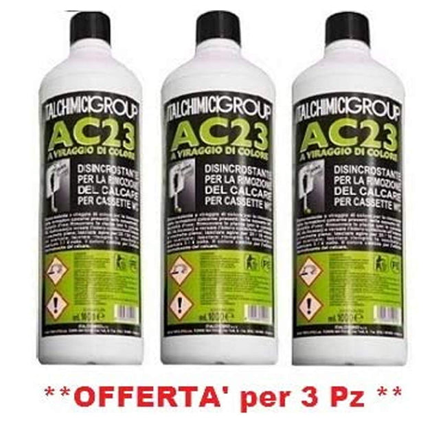 ITALCHIMICI GROUP Disincrostante AC23 per Cassette WC Incasso Geberit e Cassette WC Esterne per la Rimozione del Calcare - 3 flaconi da 1 litro ciascuno - IDRAULICAMENTEITALCHIMICI GROUP Disincrostante AC23 per Cassette WC Incasso Geberit e Cassette WC Esterne per la Rimozione del Calcare - 3 flaconi da 1 litro ciascuno