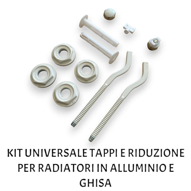 KIT UNIVERSALE TAPPI E RIDUZIONI BIANCO DA 1"x1/2" O 1"x3/8" COMPLETO DI MENSOLE CON TASSELLI E CHIAVE PER SPURGO PER RADIATORE TERMOSIFONE CALORIFERO IN ALLUMINIO E GHISA - IDRAULICAMENTEKIT UNIVERSALE TAPPI E RIDUZIONI BIANCO DA 1"x1/2" O 1"x3/8" COMPLETO DI MENSOLE CON TASSELLI E CHIAVE PER SPURGO PER RADIATORE TERMOSIFONE CALORIFERO IN ALLUMINIO E GHISA