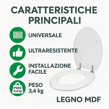 Sedile WC Universale Regolabile in MDF Antibatterico – Facile Montaggio - IDRAULICAMENTESedile WC Universale Regolabile in MDF Antibatterico – Facile Montaggio